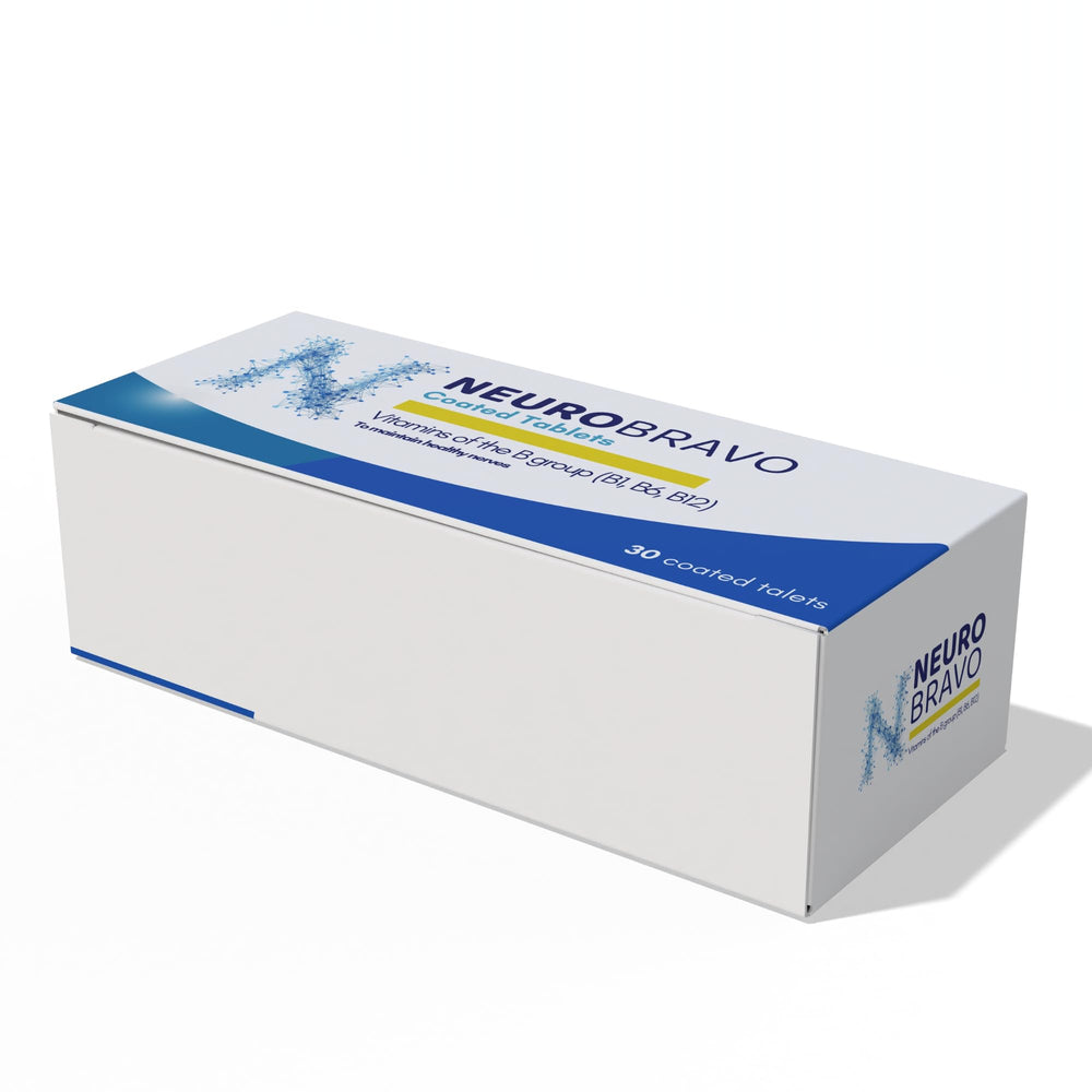 babaPACK Neurobravo box tilted to reveal product benefits for cramps and numbness