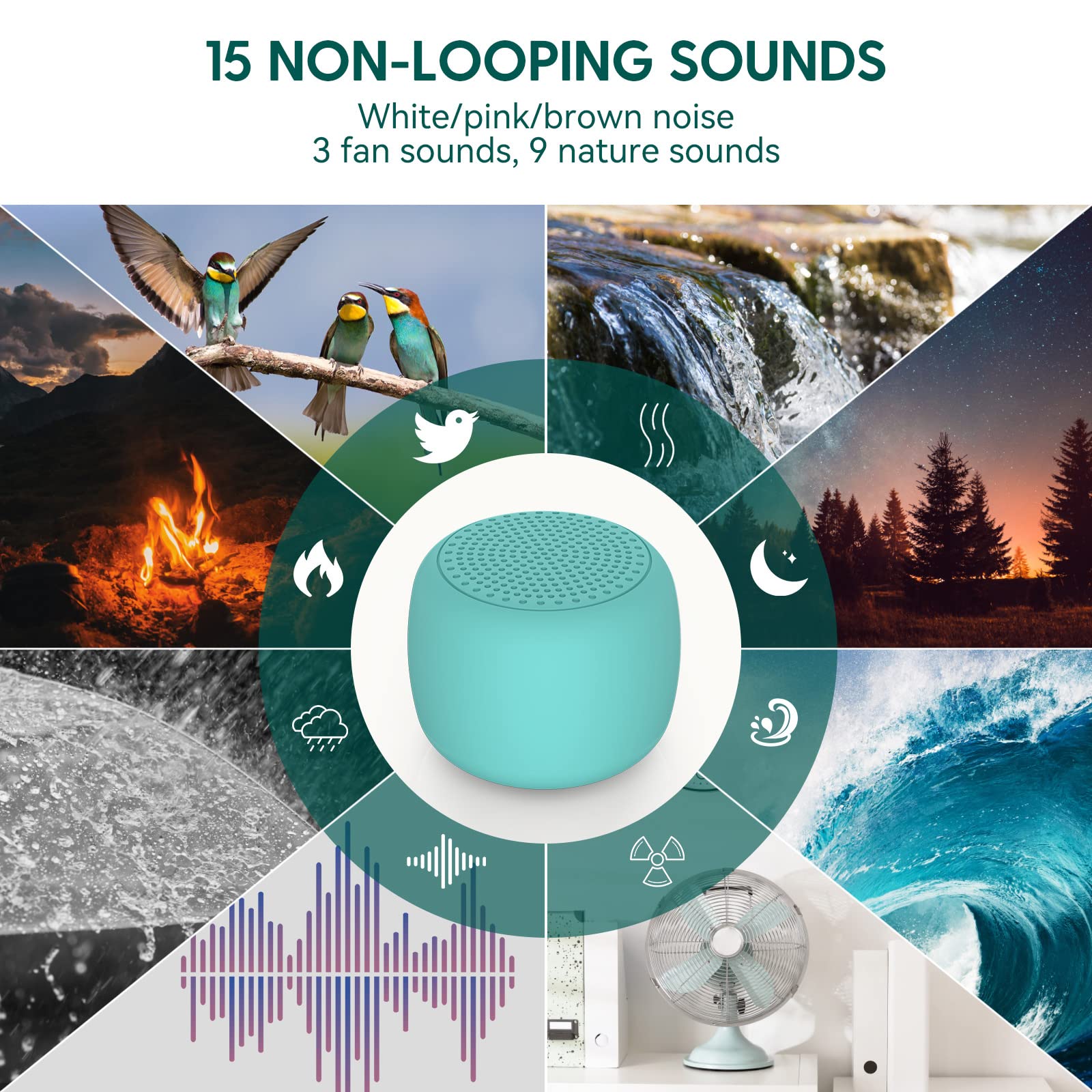 BABELIO 15 sounds cyan close-up, showcasing versatile options beyond basic white noise.