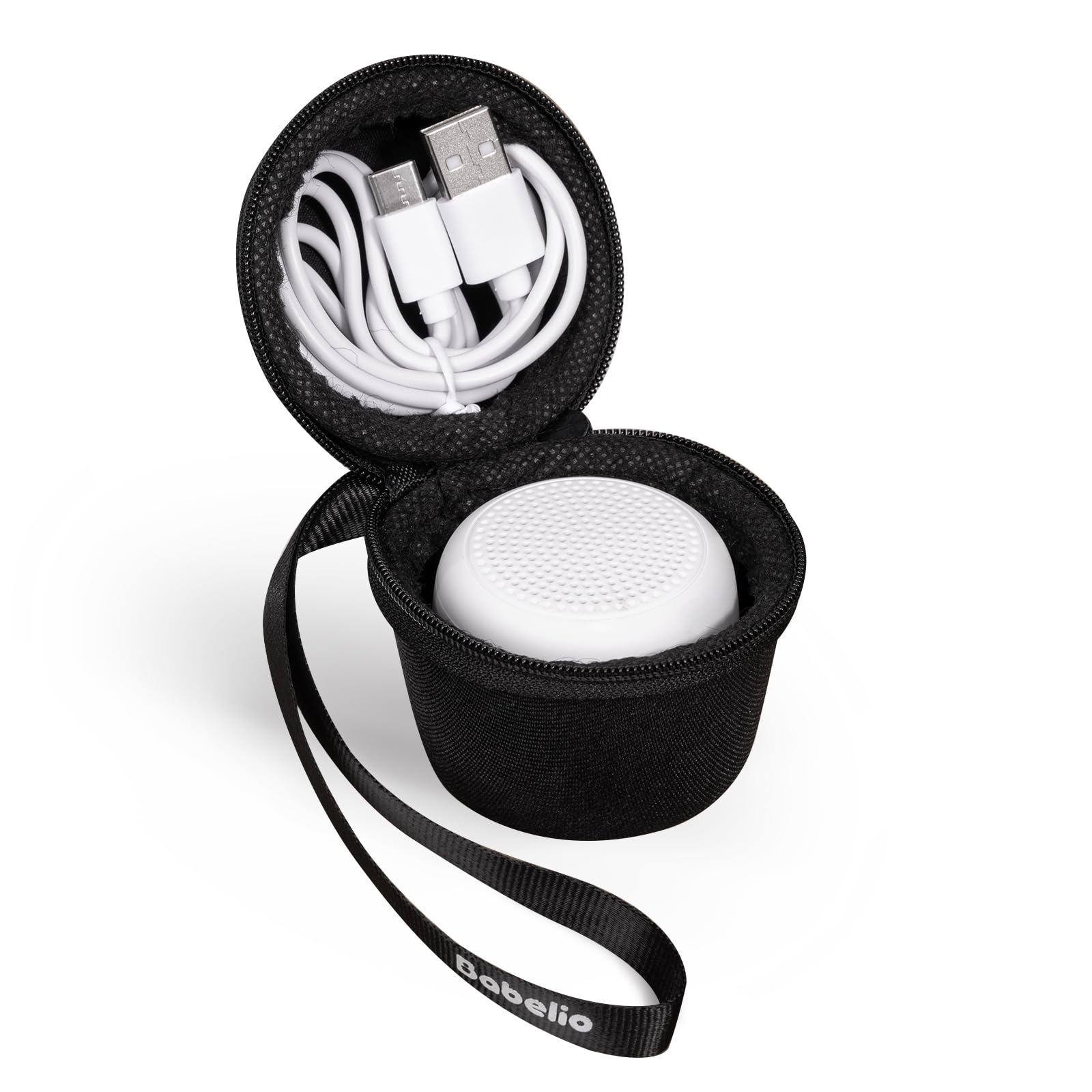 Babelio black textile case protects mini white noise machine and charger.