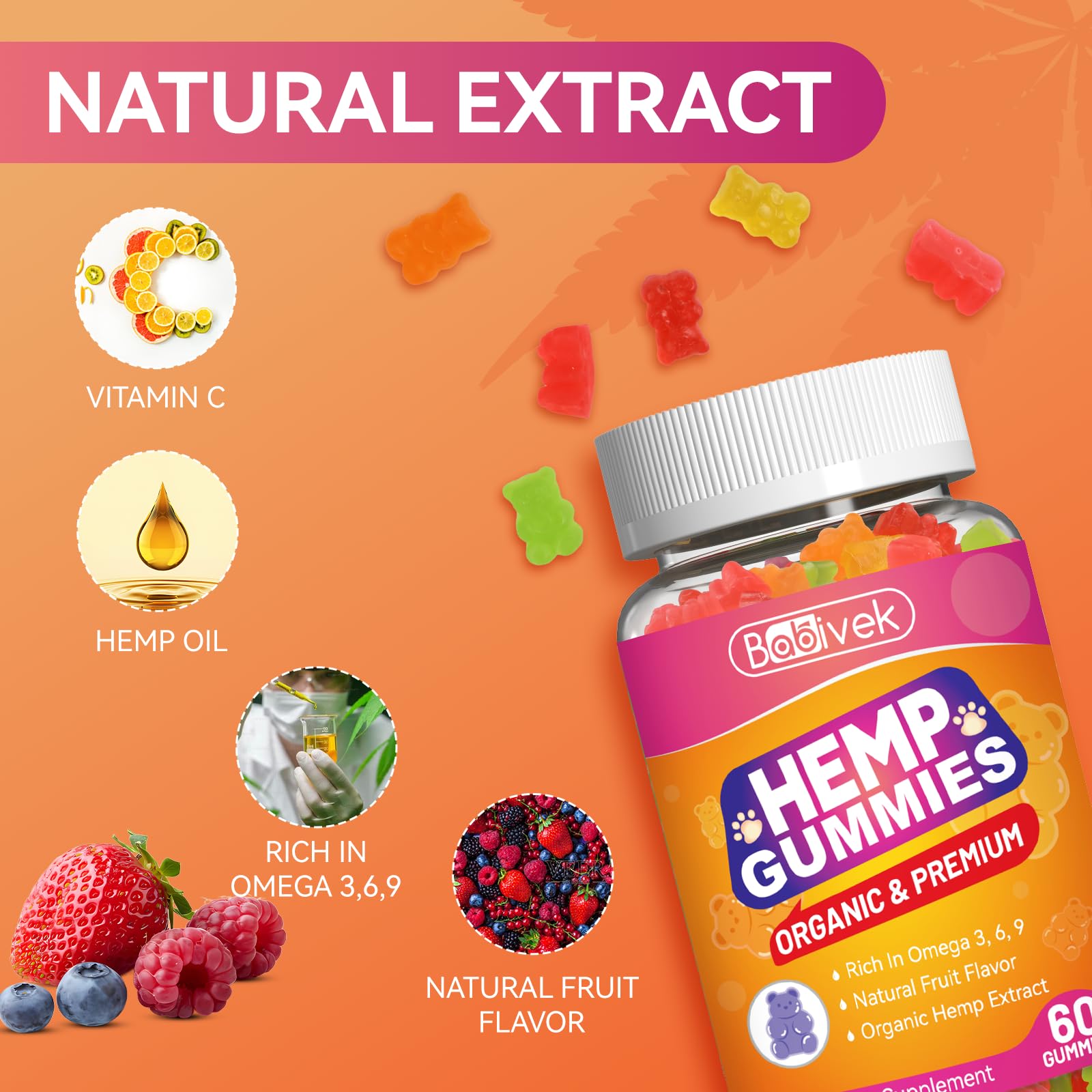 Babivek hemp oil gummies close-up of soft texture and enticing taste for easy daily intake.