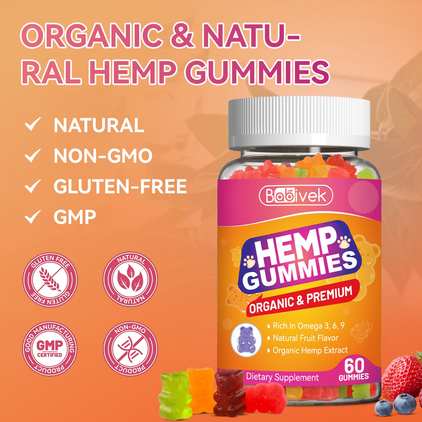 Babivek gummies gluten-free and non-GMO seal supports clean label expectations for sensitive diets.