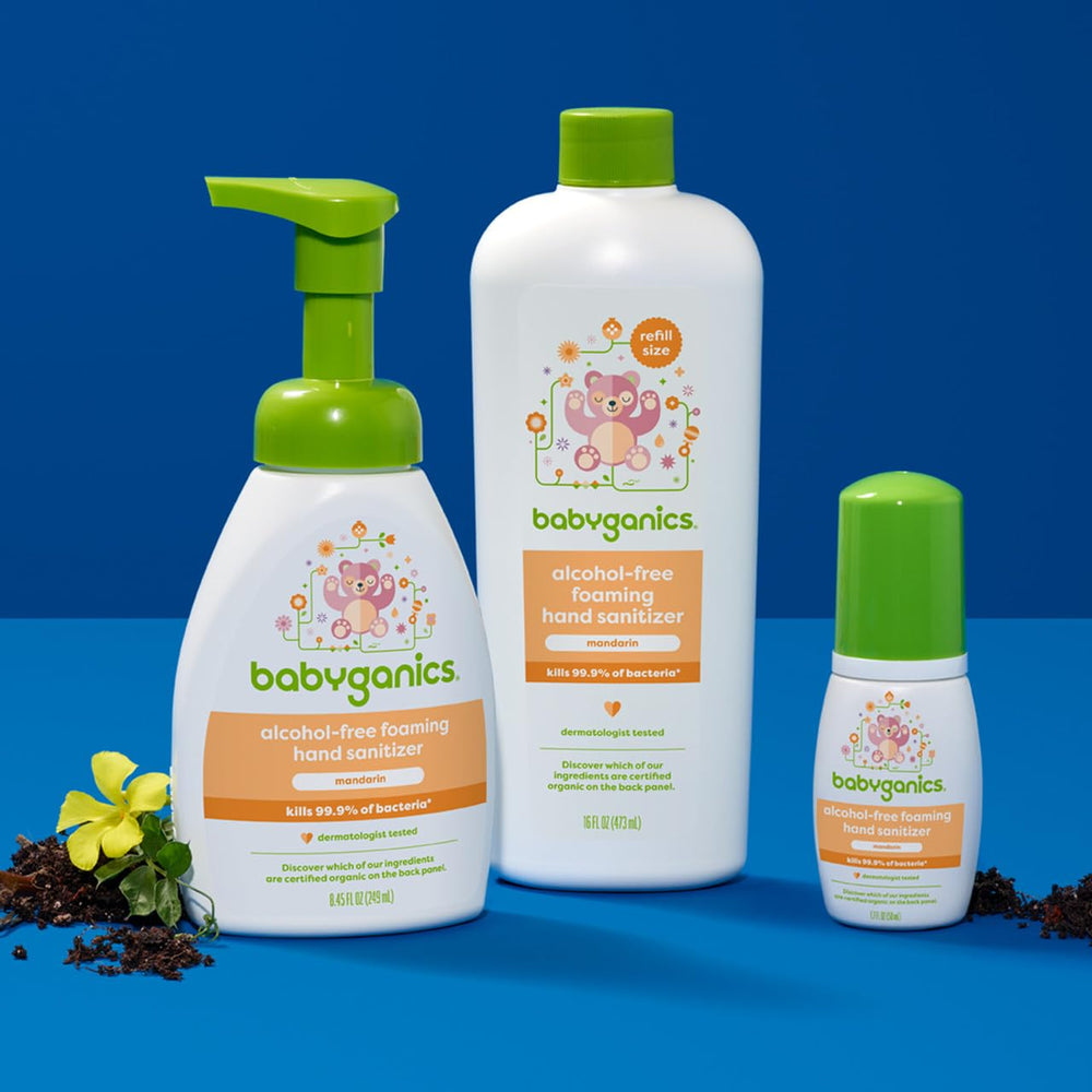 BabyGanics hand sanitizer usage with Mandarin scent for daily hygiene.