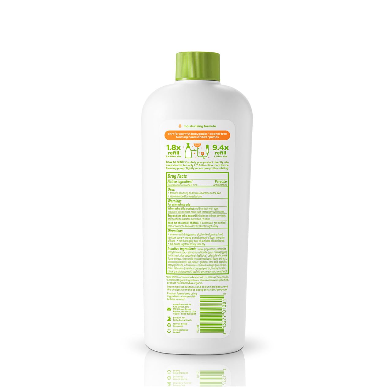 BabyGanics Mandarin refill label close-up shows alcohol-free, moisturizing formula.