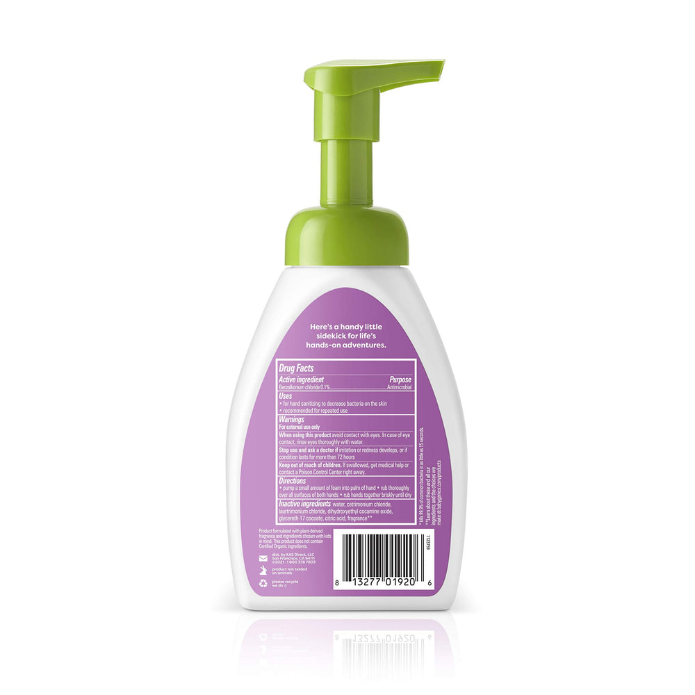 BabyGanics foaming sanitizer on hands provides a soft, effective clean.
