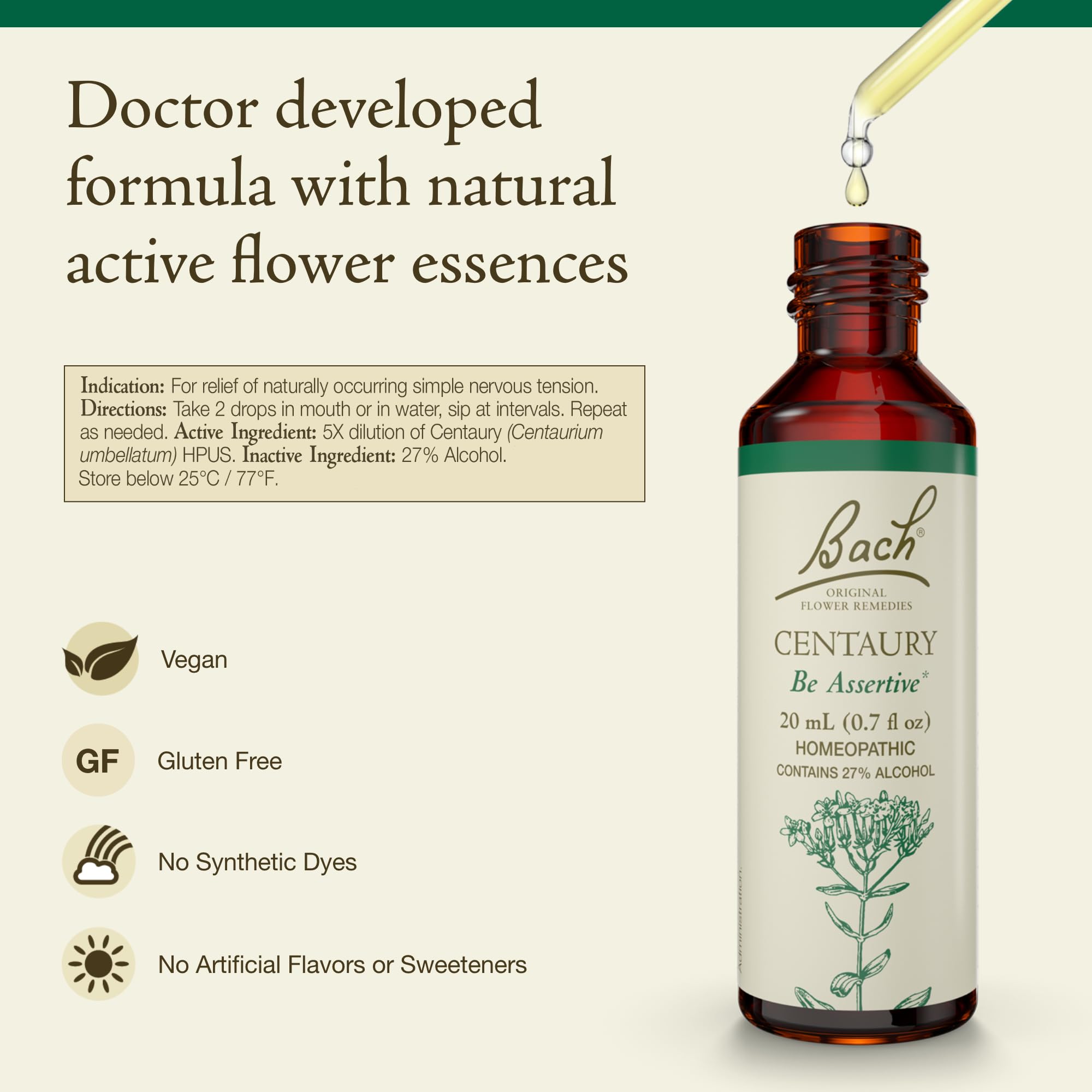 Bach Centaury label shows ingredients for natural emotional balance routine.