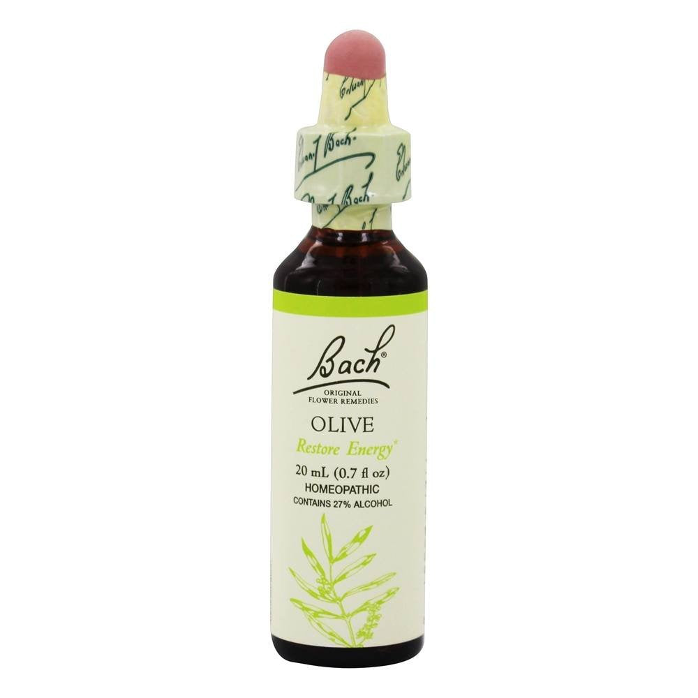 Bach Flower Remedies Olive bottle pour for energy support and calm focus.