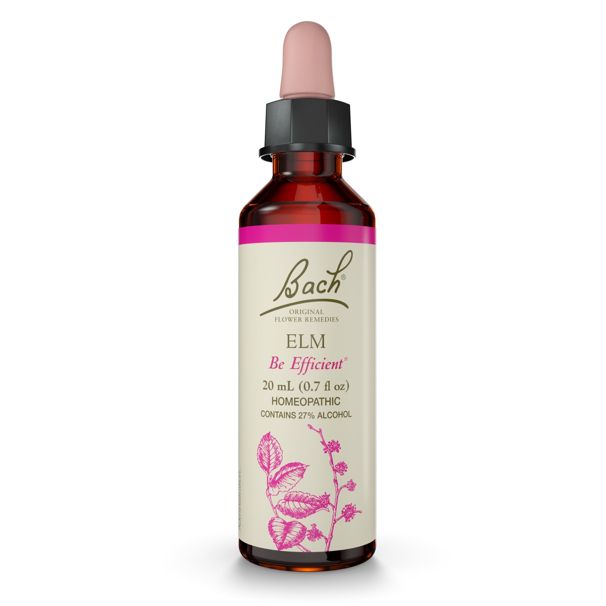 Bach Flower Remedies Elm bottle showing calm focus for busy days.