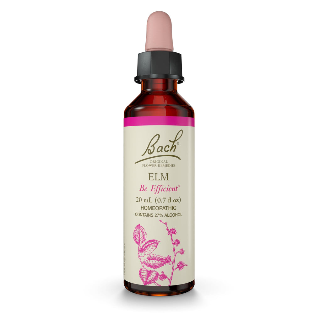 Bach Flower Remedies Elm bottle showing calm focus for busy days.
