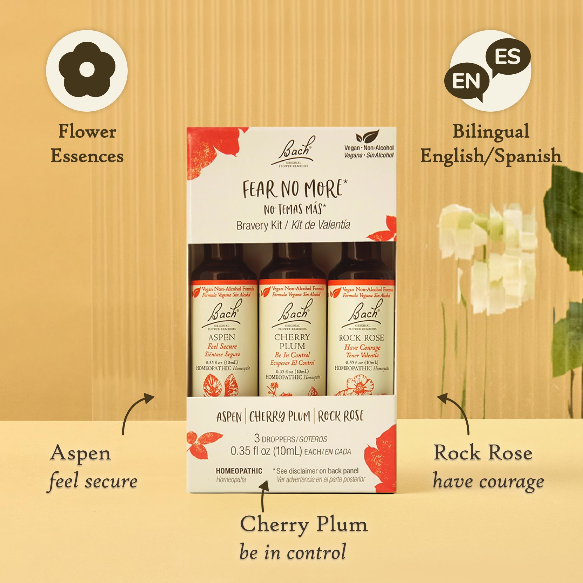 Bach Flower Remedies Fear No More trio promotes courage during stressful moments.