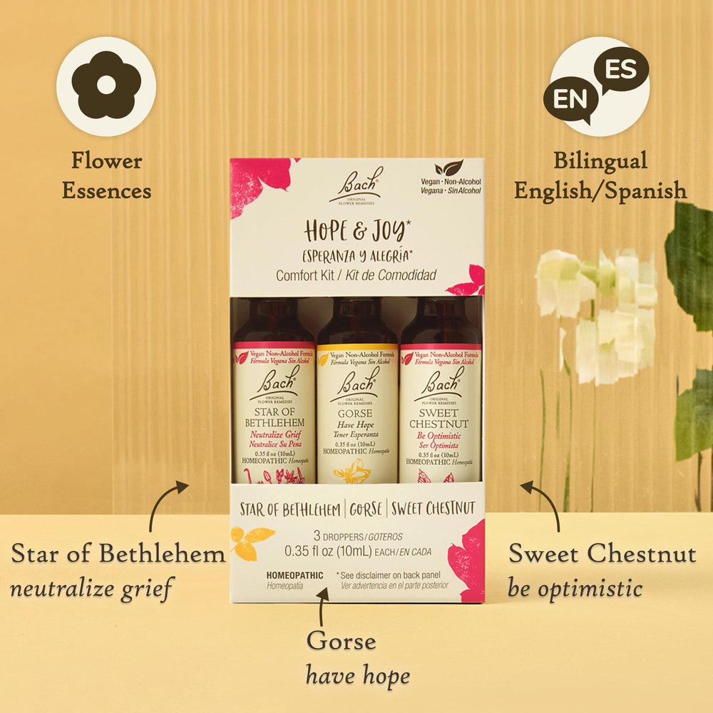 Bach Flower Remedies Hope & Joy Star of Bethlehem bottle close-up, grief-support potential.