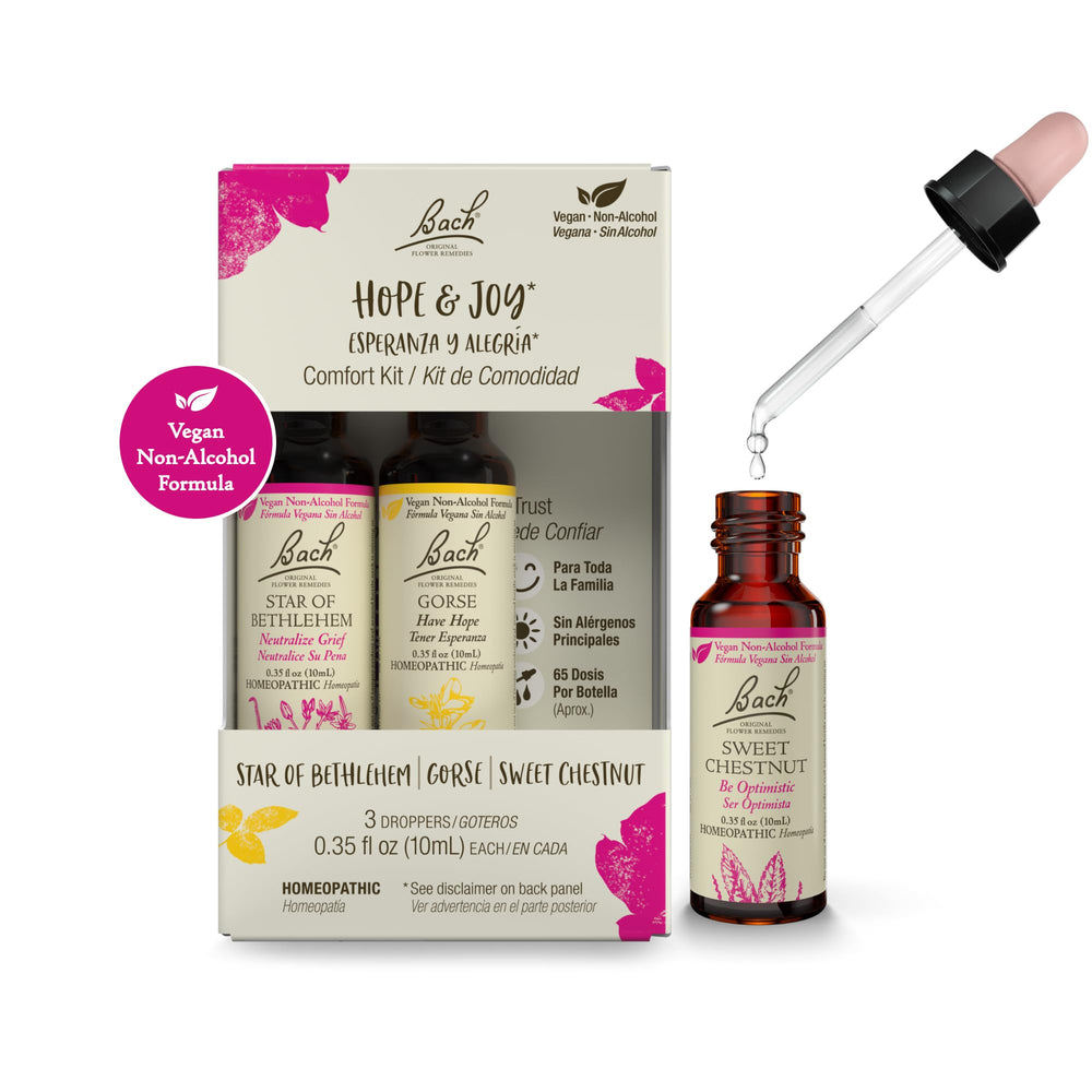 Bach Flower Remedies Hope & Joy three 10ml droppers arranged for easy access and consistency.