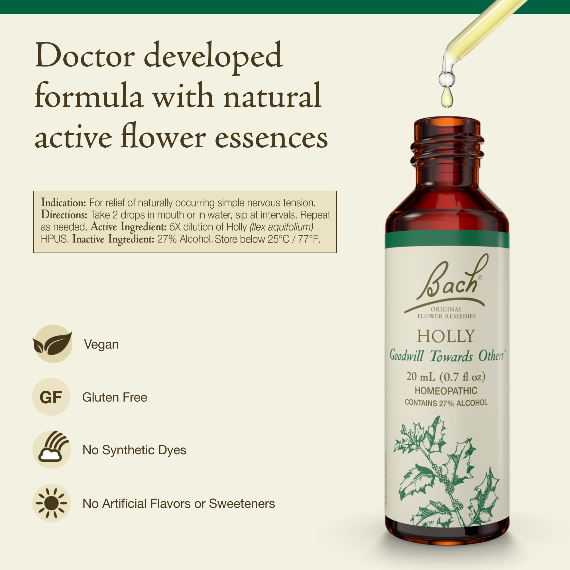 Bach Holly bottle label closeup highlights natural flower remedy for compassionate energy.