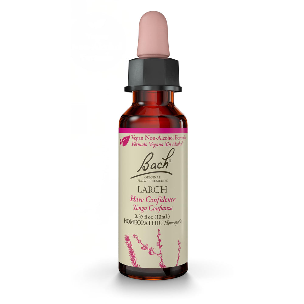Bach Larch bottle close-up showing the natural remedy for confidence