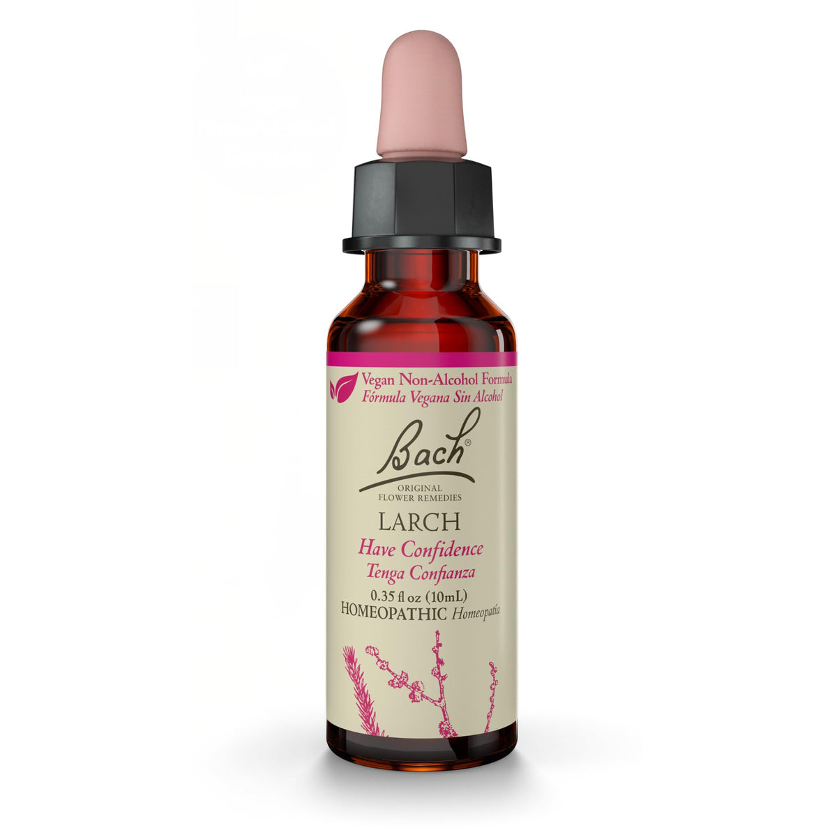 Bach Larch bottle close-up showing the natural remedy for confidence