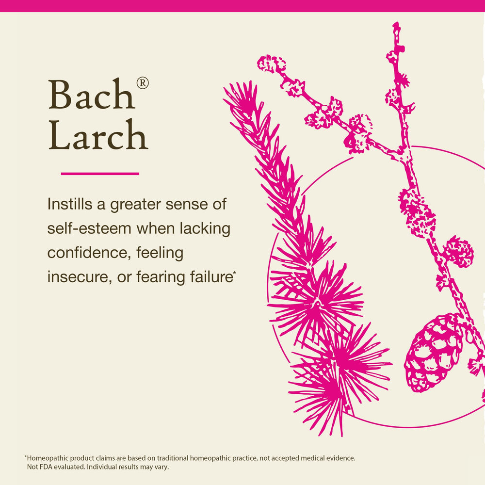 Label details of Bach Larch highlighting vegan, gluten-free formula