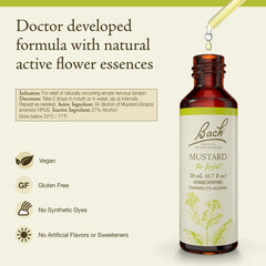 Bach Mustard dropper releasing two drops under the tongue.
