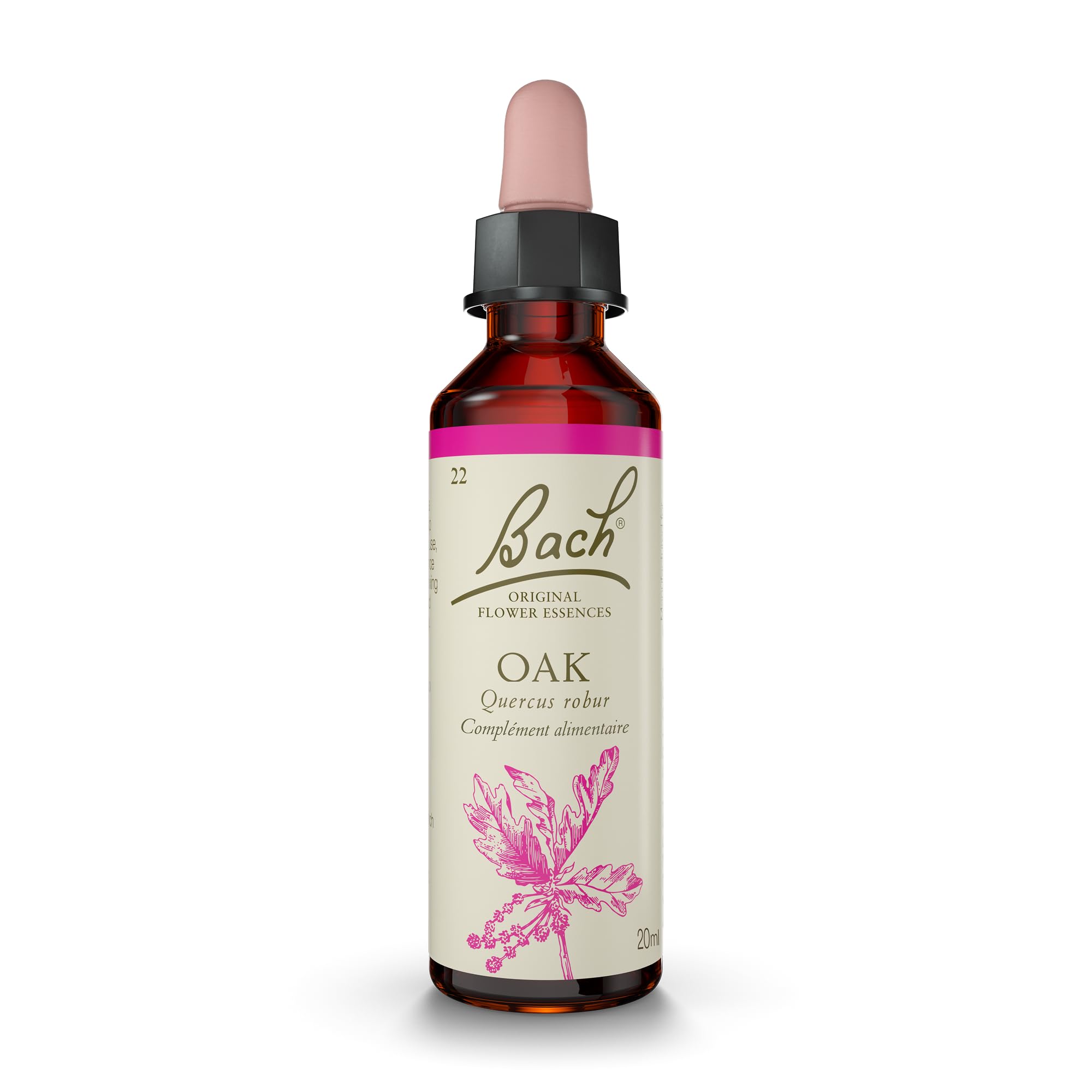 Bach Oak remedy bottle label highlighting natural flower essence for emotional balance.