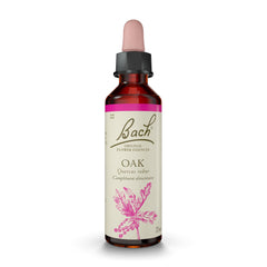 Bach Oak remedy bottle label highlighting natural flower essence for emotional balance.