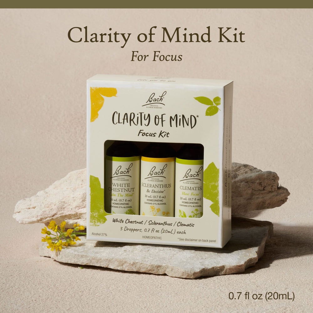 Bach Original Flower Remedies Clarity Kit bottle close-up, highlighting White Chestnut for calm thinking.