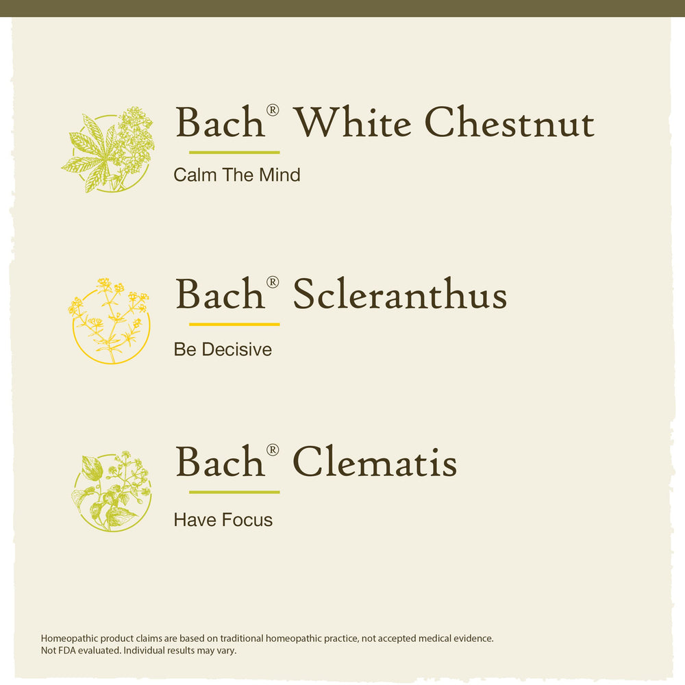 Bach Original Flower Remedies Clarity Kit bottle close-up reveals natural, vegan ingredients for daily balance.