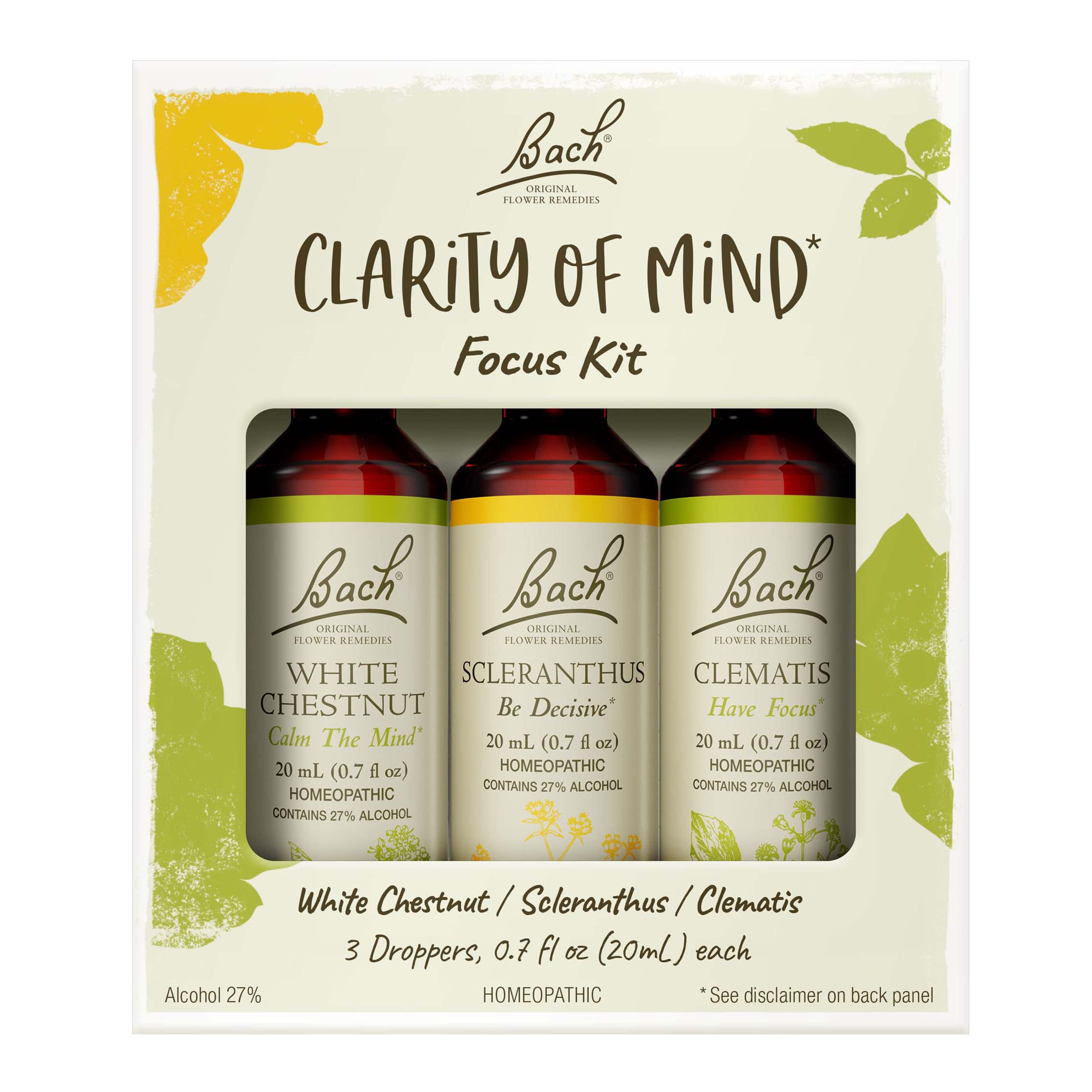 Bach Original Flower Remedies Clarity Kit packshot featuring three bottles for focus and mindful moments.