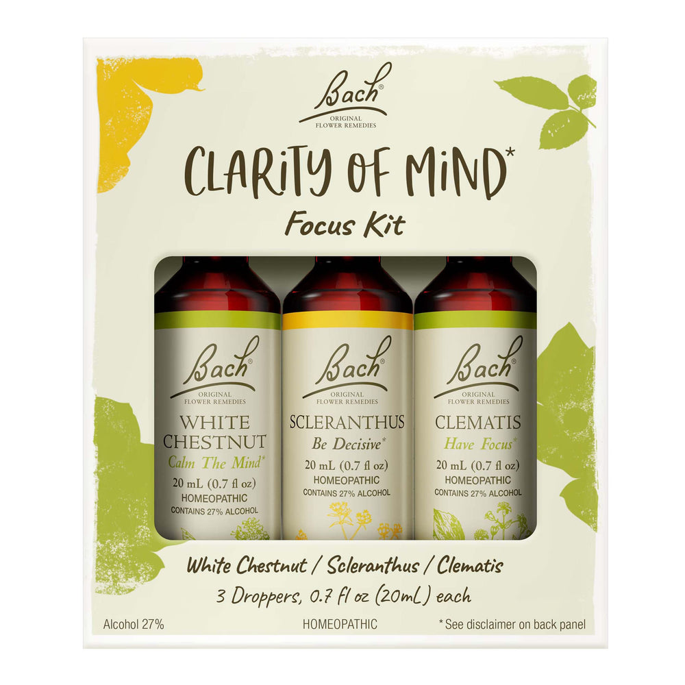 Bach Original Flower Remedies Clarity Kit packshot featuring three bottles for focus and mindful moments.
