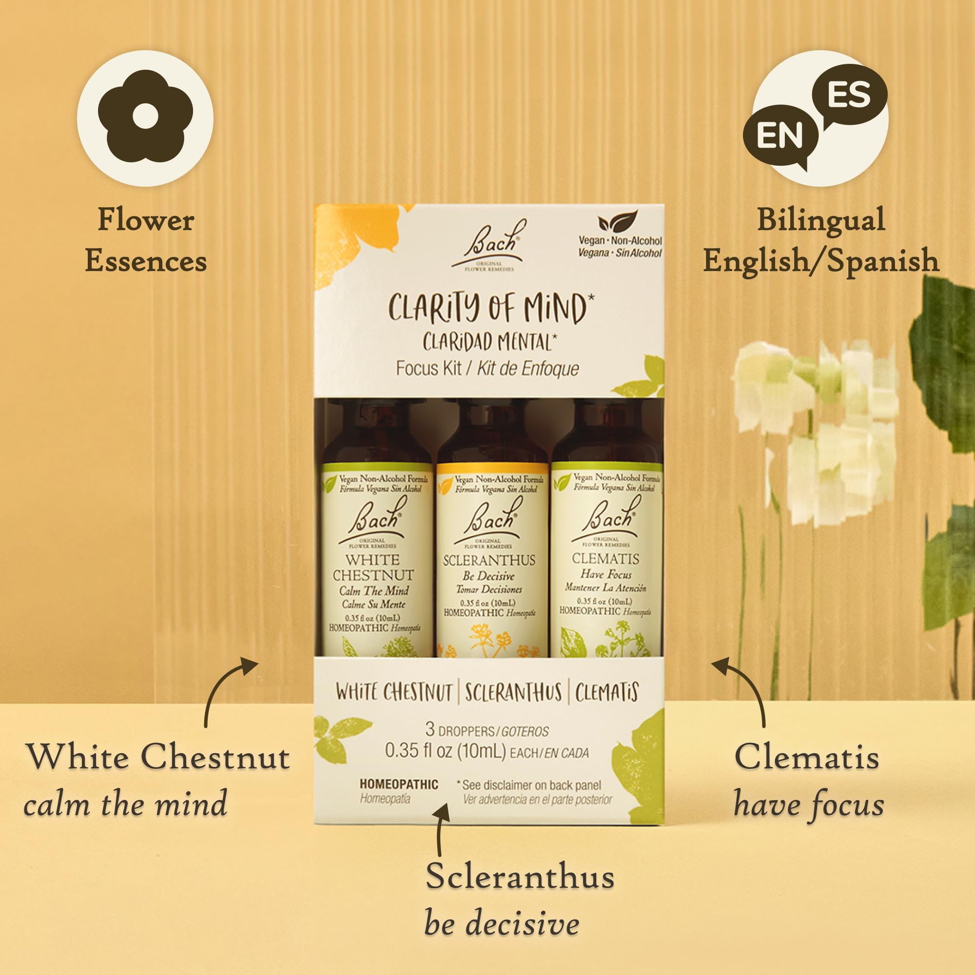 Bach Clarity of Mind Trio bottle close-up with dropper for focused routine