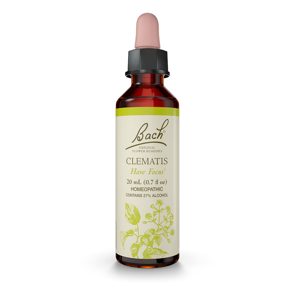 Bach Clematis bottle with dropper for potential focus support.