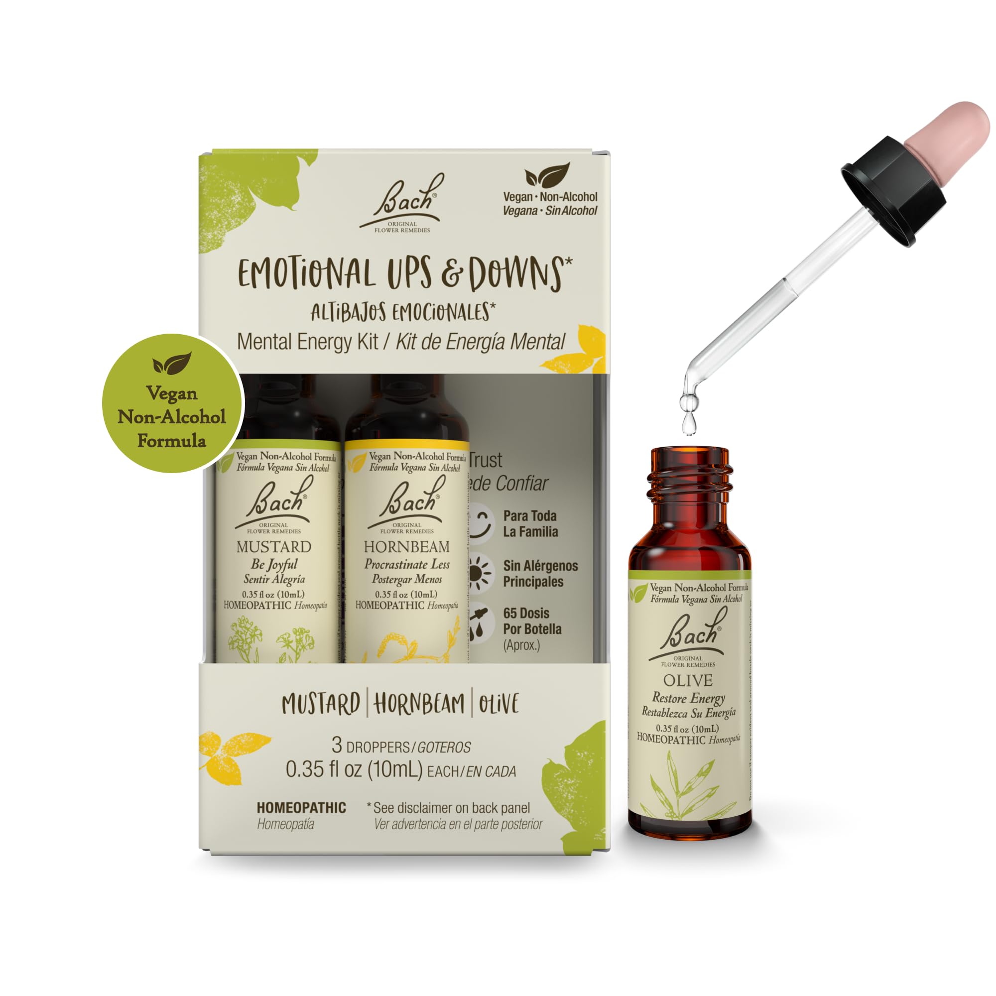 Bach Original Flower Remedies trio bottles ready for use, non-alcohol formula for everyday mood support.