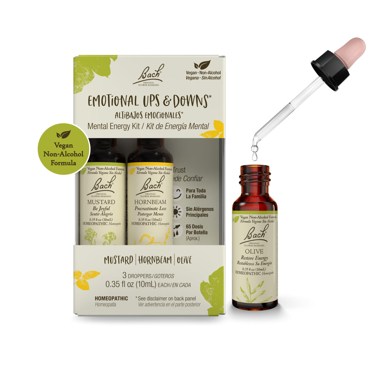 Bach Original Flower Remedies trio bottles ready for use, non-alcohol formula for everyday mood support.