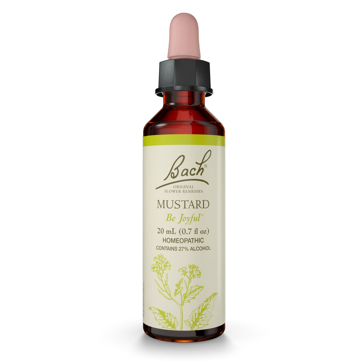 Bach Original Flower Remedies Mustard bottle on desk, ready for gentle mood balance.