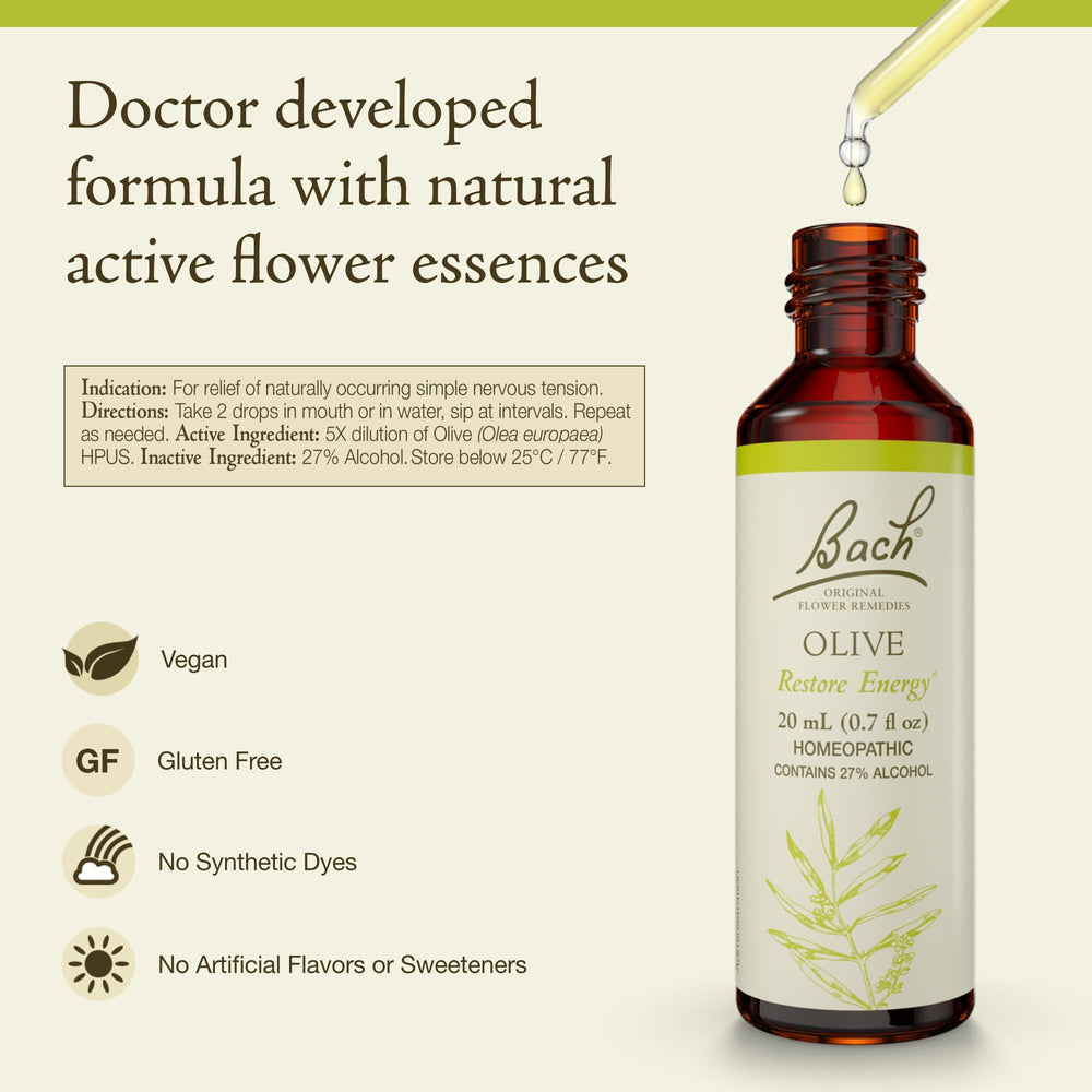 Bach Olive remedy dropper closeup for easy, precise dosing