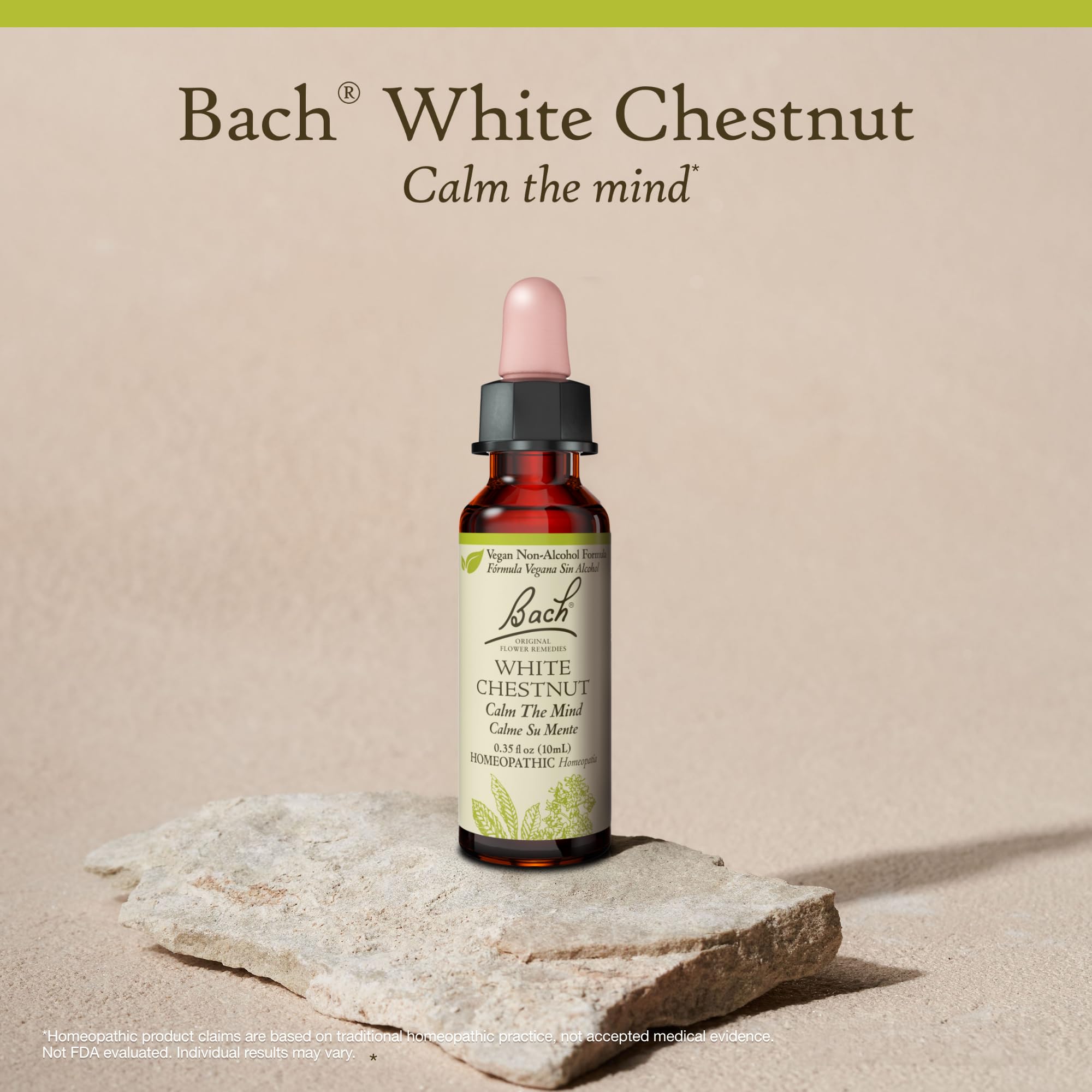 Bach Original White Chestnut bottle artwork emphasizes a gentle, non-alcoholic homeopathic approach.