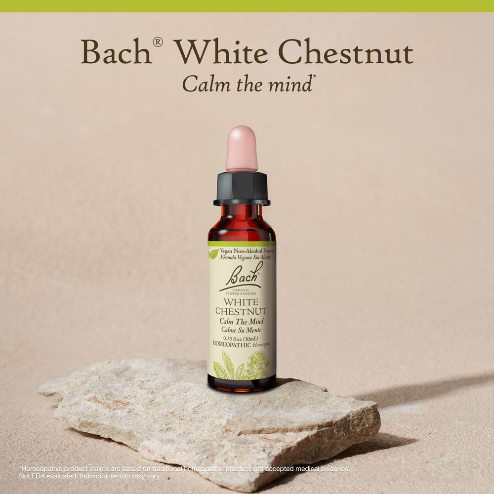 Bach Original White Chestnut bottle artwork emphasizes a gentle, non-alcoholic homeopathic approach.