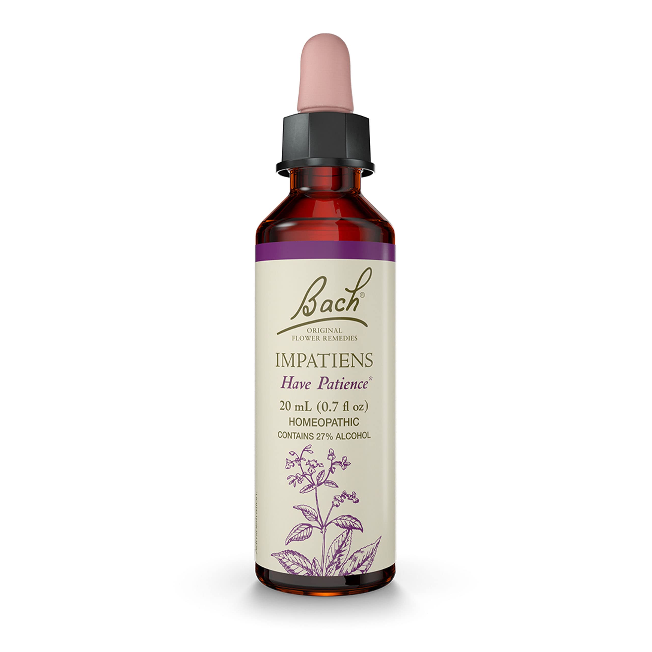 Bach Original Impatiens bottle on shelf promoting calmer patience in daily life.