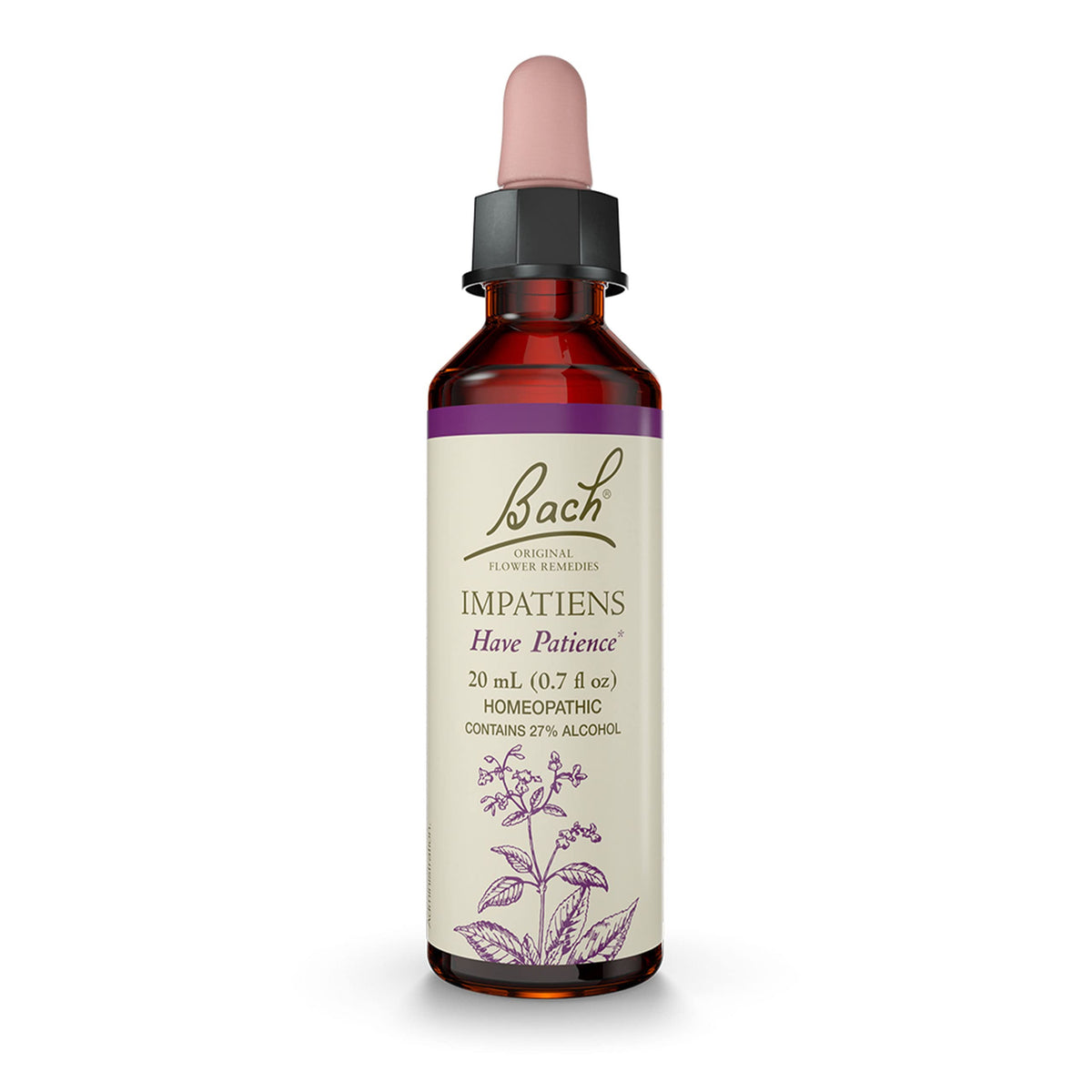 Bach Original Impatiens bottle on shelf promoting calmer patience in daily life.