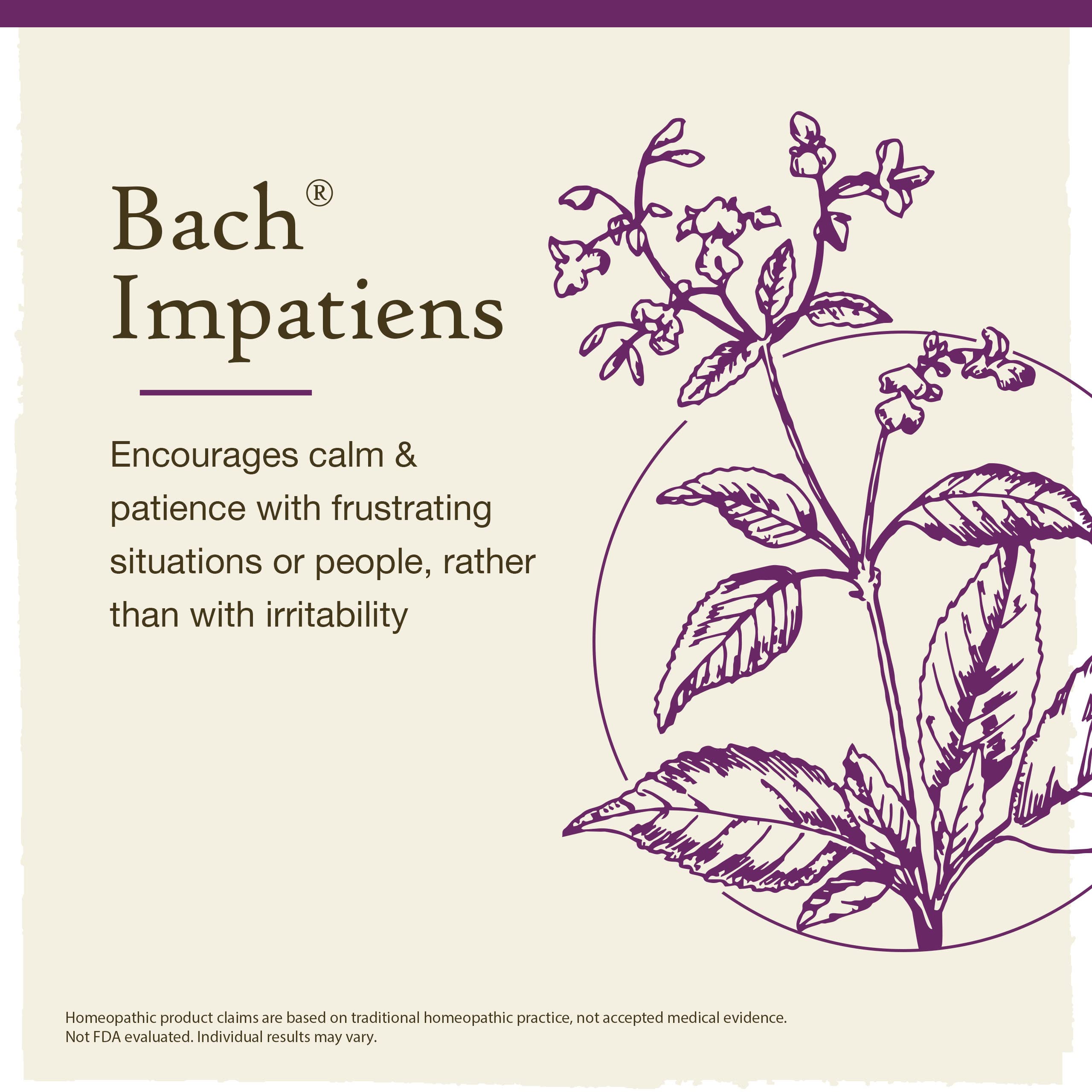 Bach Original Impatiens label close-up highlights vegan and gluten-free formula.