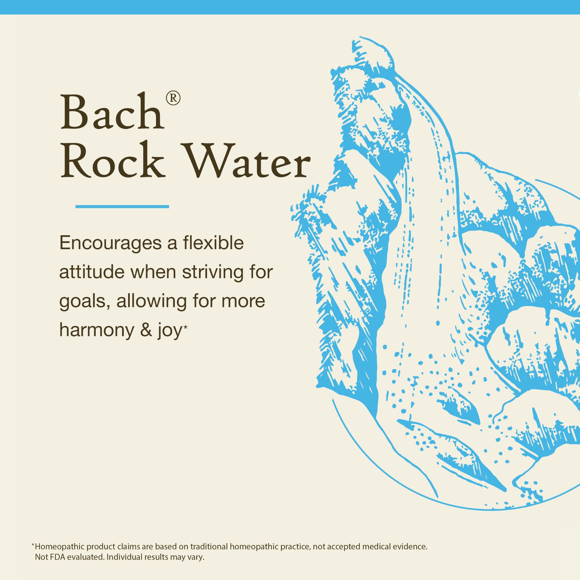 Bach Rock Water: etiqueta mostrando la esencia floral y origen