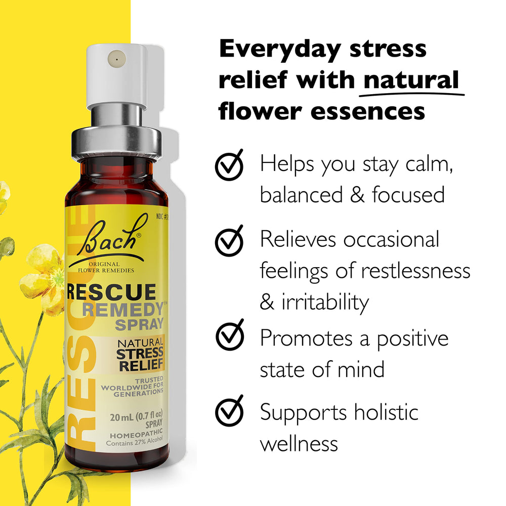 Bach Rescue Remedy spray on the tongue for easy dosing.