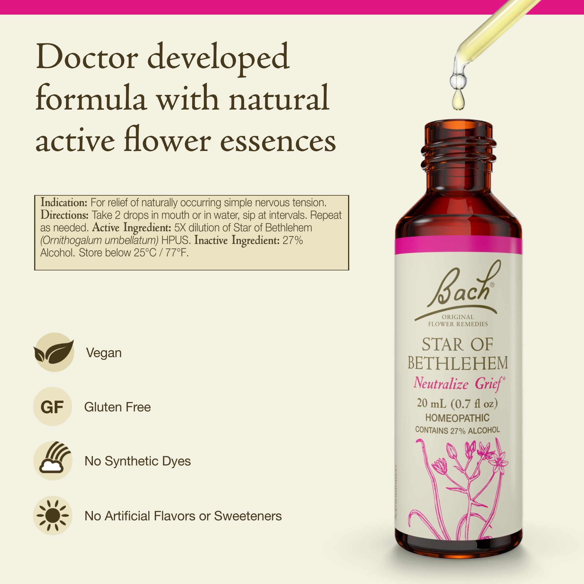 Bach Star of Bethlehem dropper close-up highlights a vegan, natural flower remedy for emotional wellness
