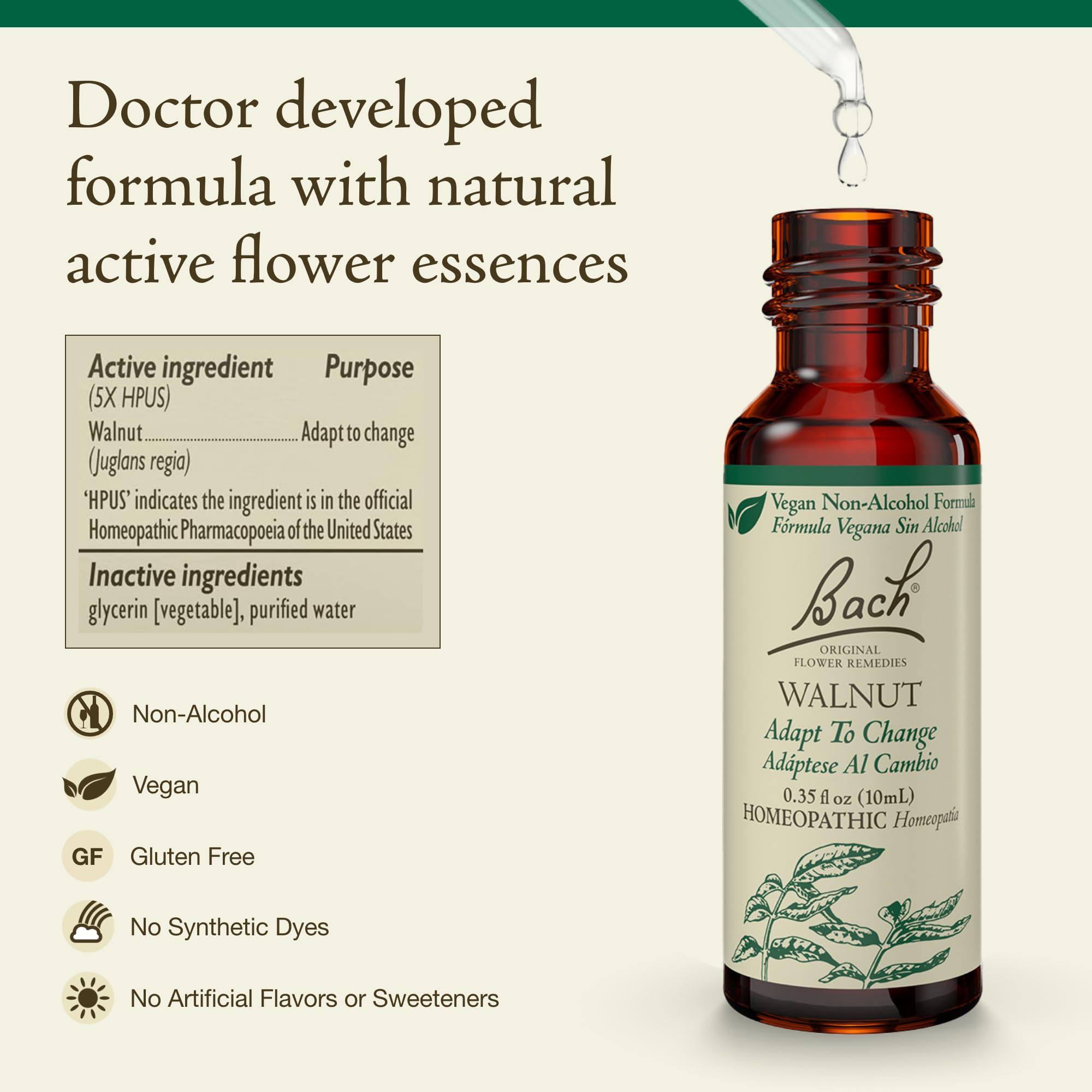 Bach Walnut non-alcohol label highlights the natural remedy for daily shifts.
