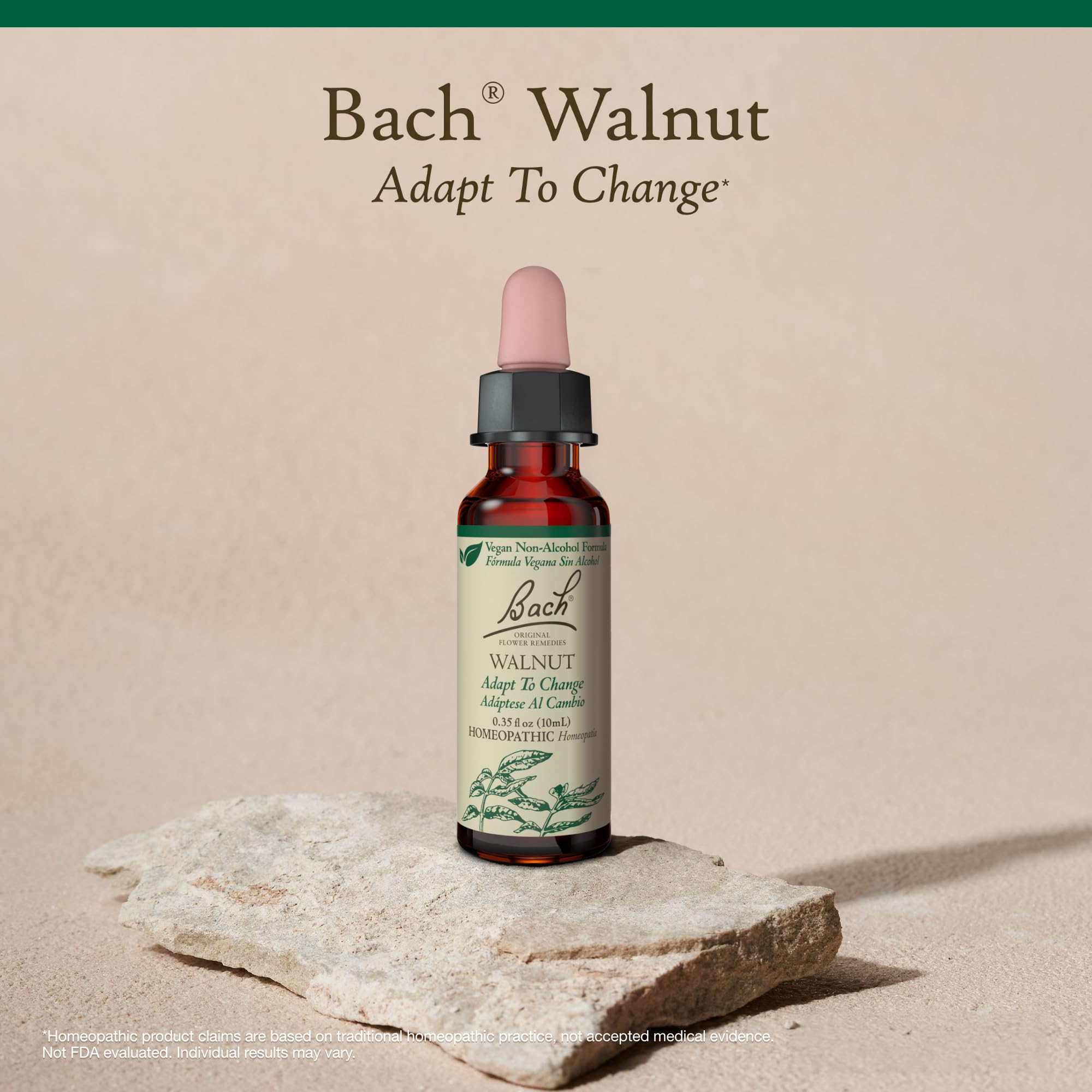 Bach Walnut non-alcohol bottle beside daily ritual for mindful change.
