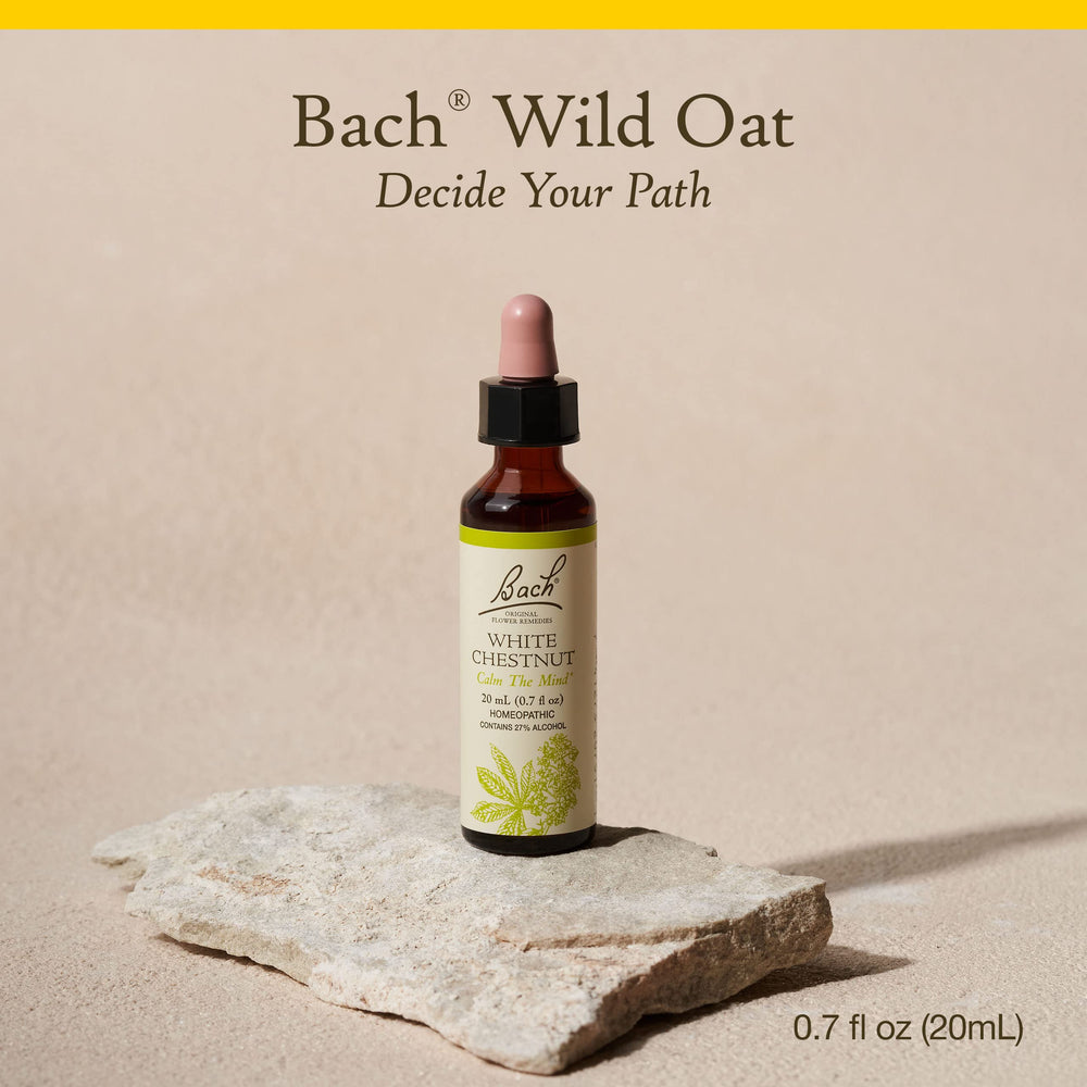 Closeup of Bach Wild Oat label highlighting natural flower remedy