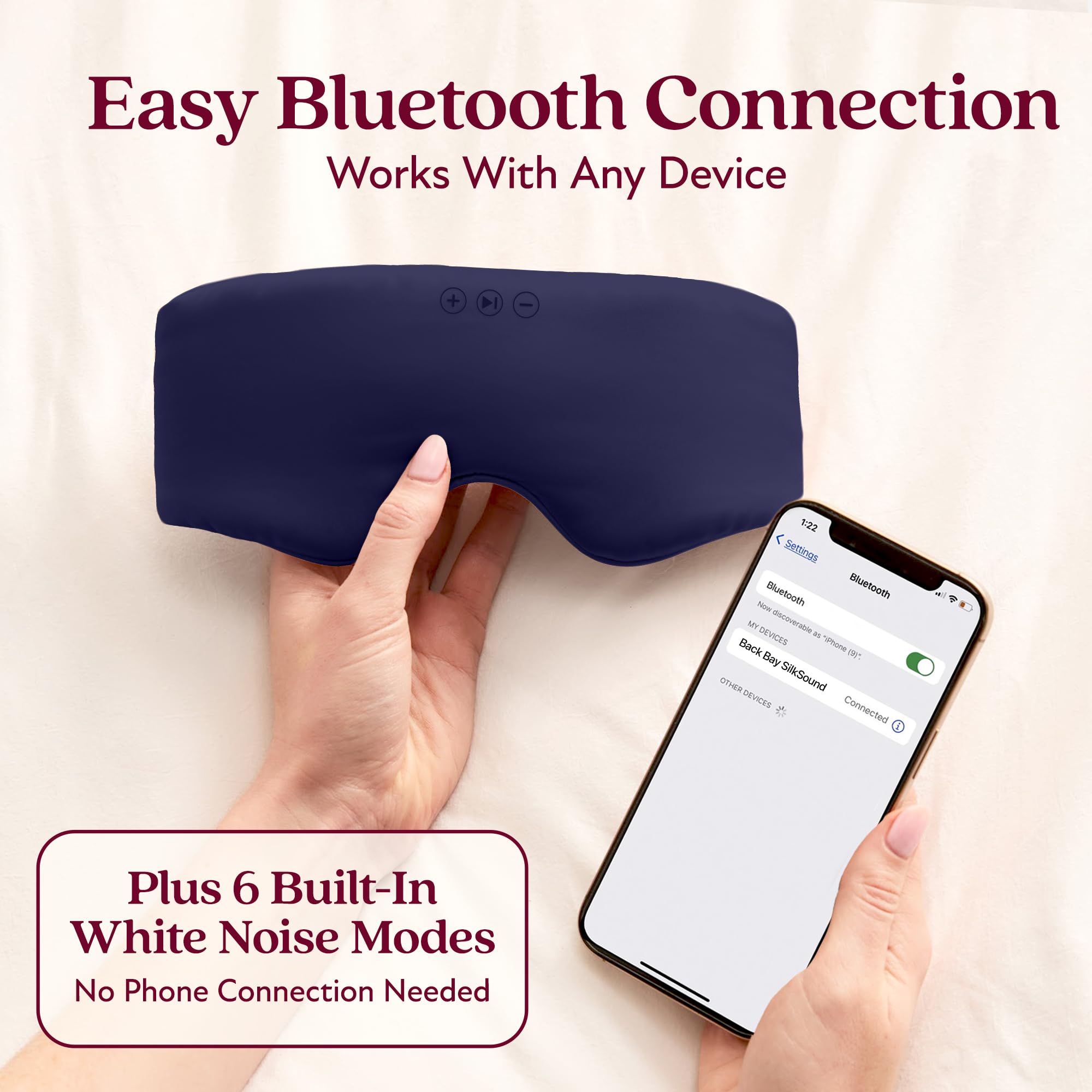 Back Bay Audio SilkSound mask featuring built-in sleep timer for automatic shutoff.