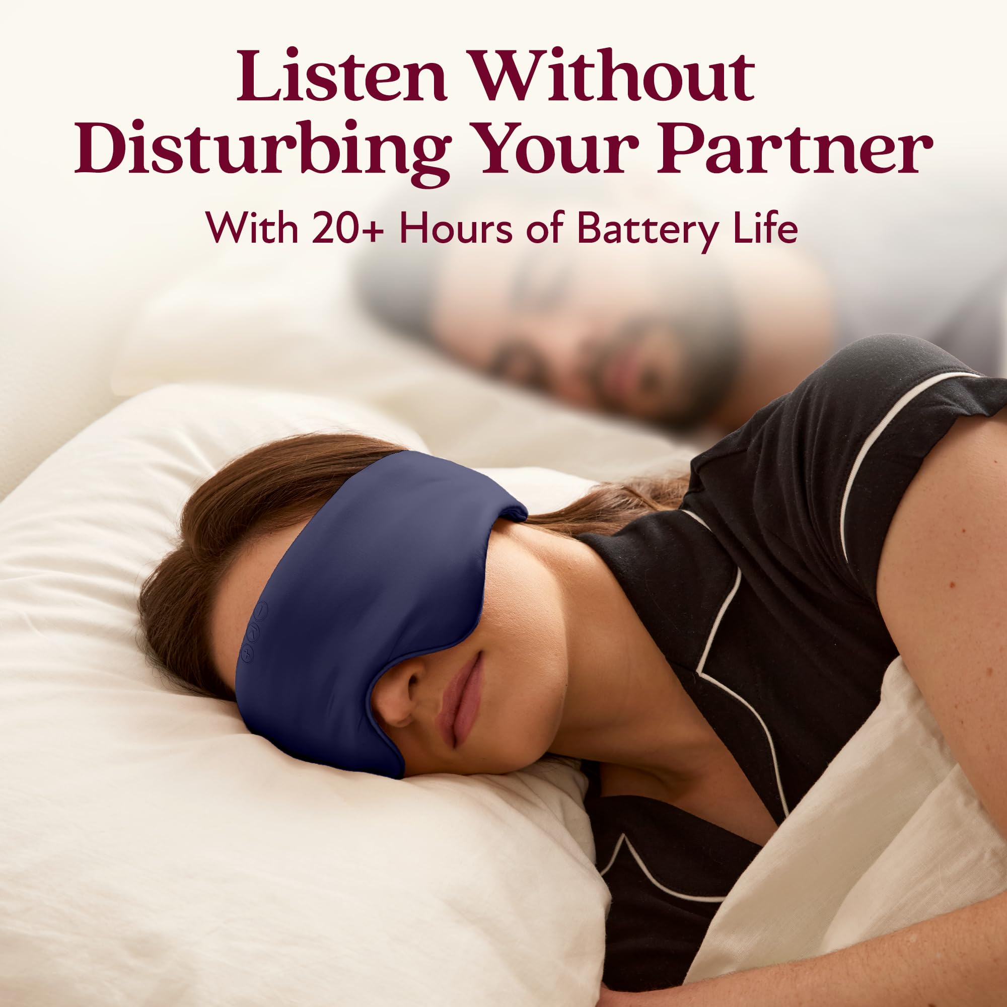 Back Bay Audio SilkSound mask worn on the face for side sleepers seeking quiet comfort.