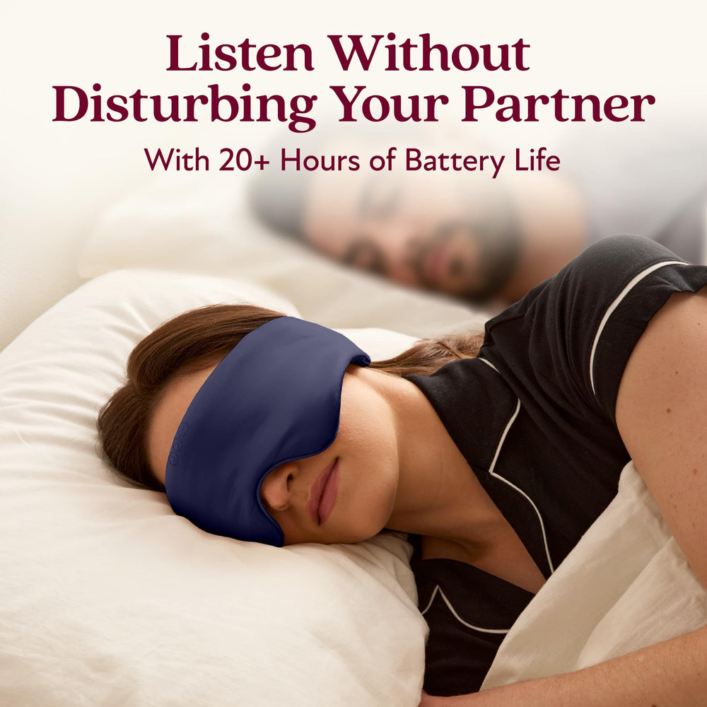 Back Bay Audio SilkSound mask worn on the face for side sleepers seeking quiet comfort.