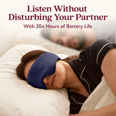 Back Bay Audio SilkSound mask worn on the face for side sleepers seeking quiet comfort.