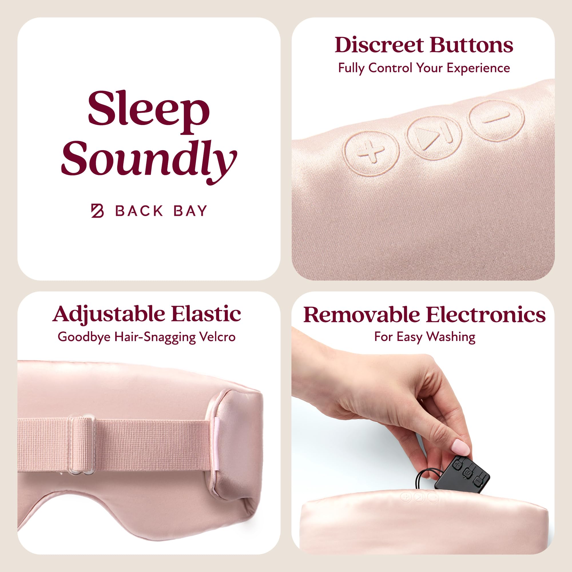 Back Bay Audio SilkSound sleep-timer close-up illustrates automatic shut-off and white-noise options.