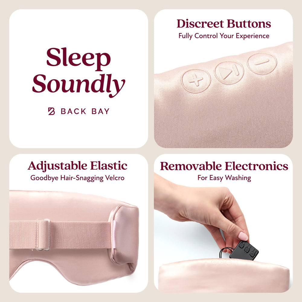 Back Bay Audio SilkSound sleep-timer close-up illustrates automatic shut-off and white-noise options.