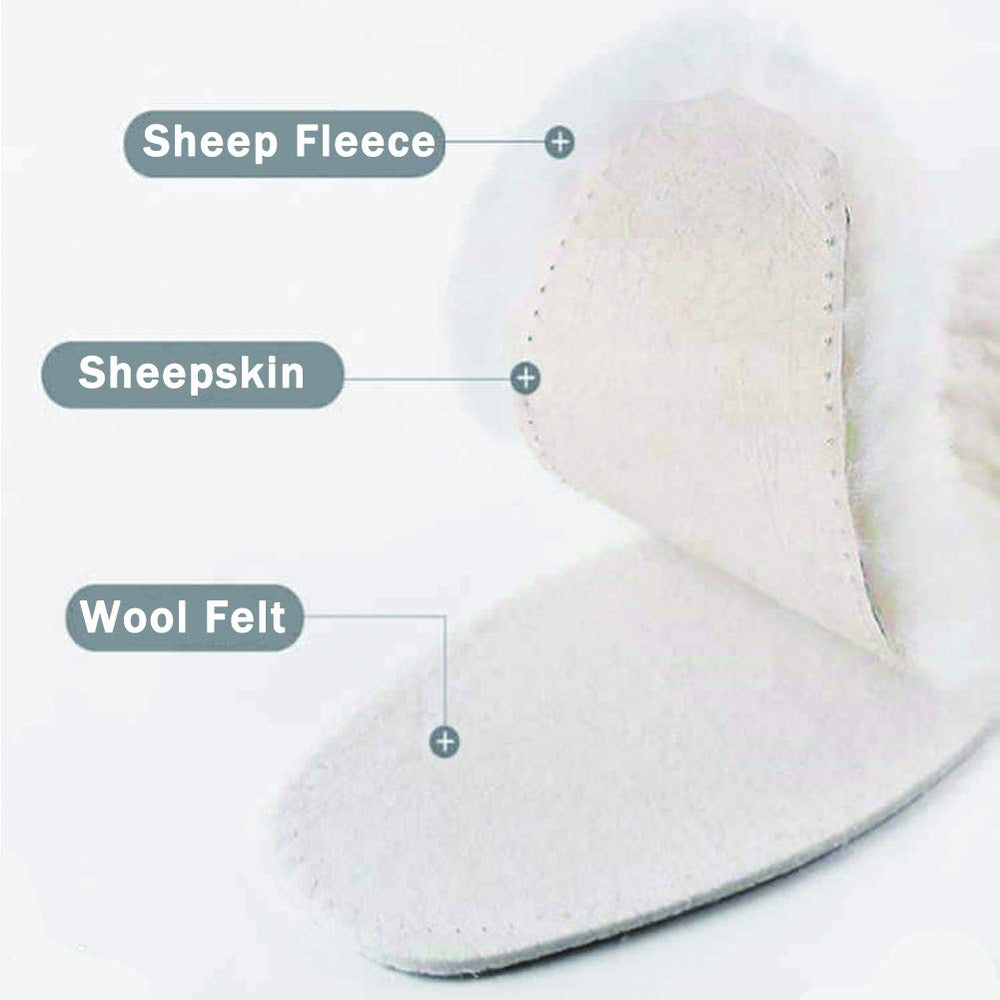 Bacophy warm fluffy wool insoles closeup highlight premium materials and cushioning.